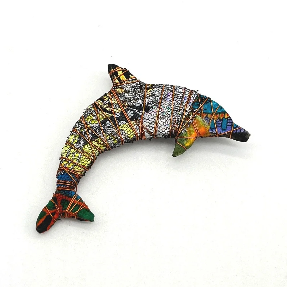 Unique Bent Nicks Handmade Dolphin Brooch Pin Colorful Fabric & Wire Art Jewelry